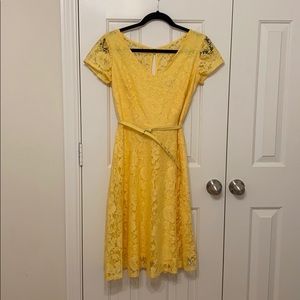 Lemon Yellow Lace Overlay V-Neck Dress